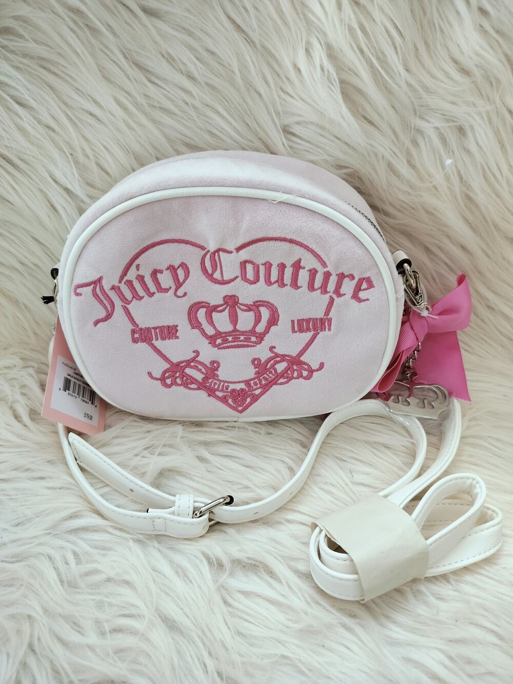 5885) Juicy Couture Chiffon Pink Girlie Loyalty Velour Canteen Crossbody Bag